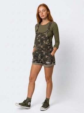 Almost Famous Women's Distressed Camouflage Denim Shortalls SZ 3